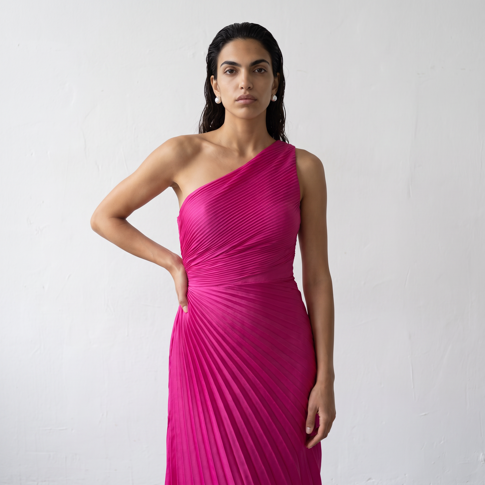 One-Shoulder Pleated Maxi Dress