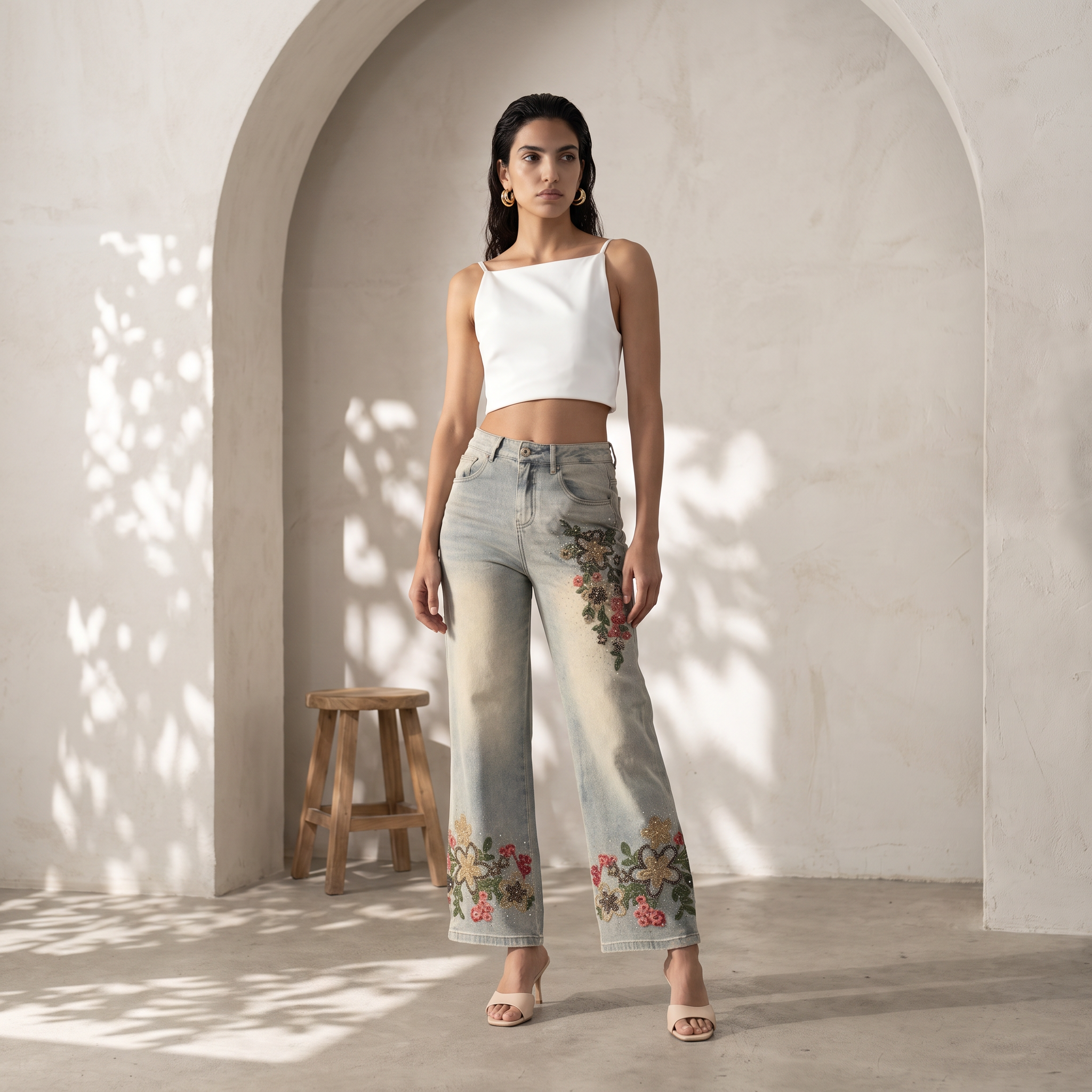 Rhinestone Embroidered Jeans