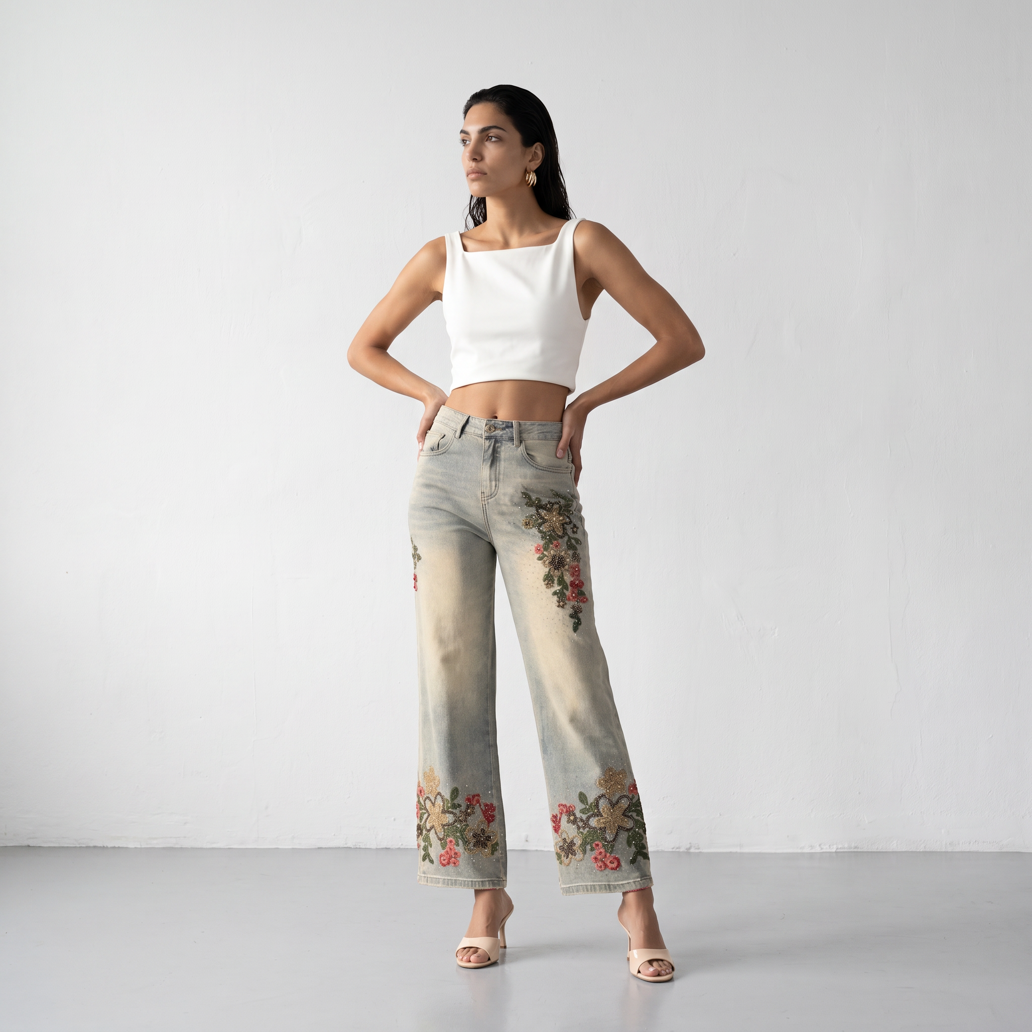 Rhinestone Embroidered Jeans