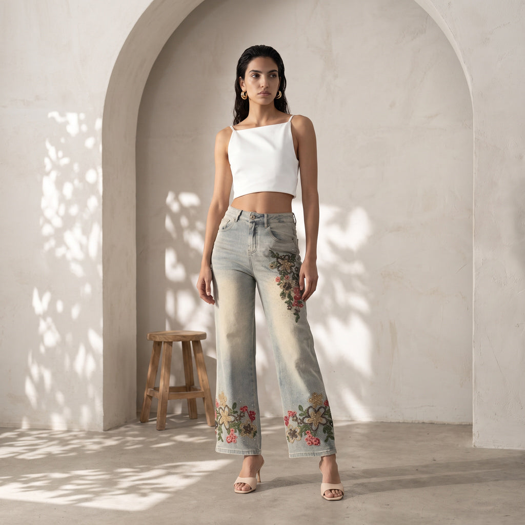 Rhinestone Embroidered Jeans