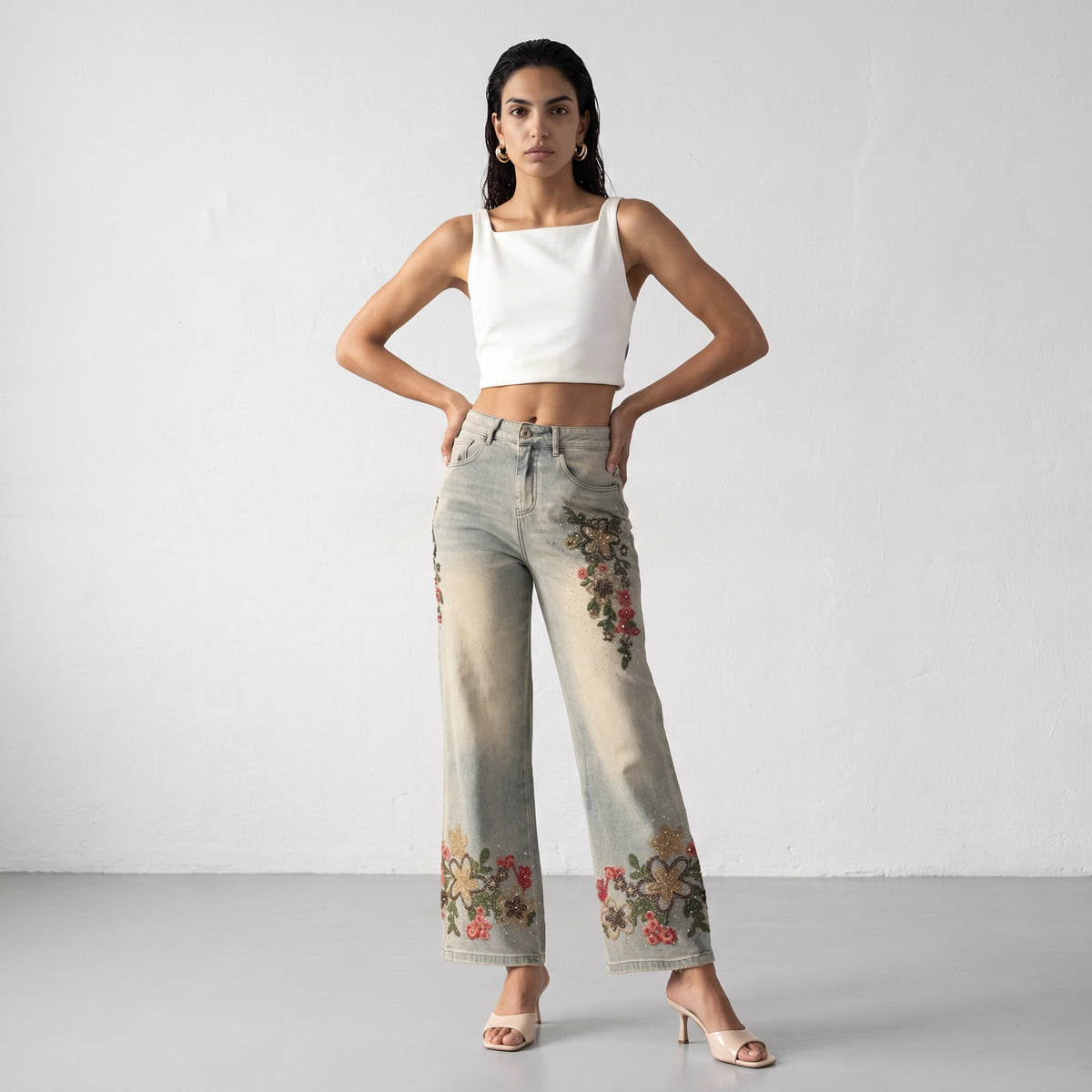 Rhinestone Embroidered Jeans