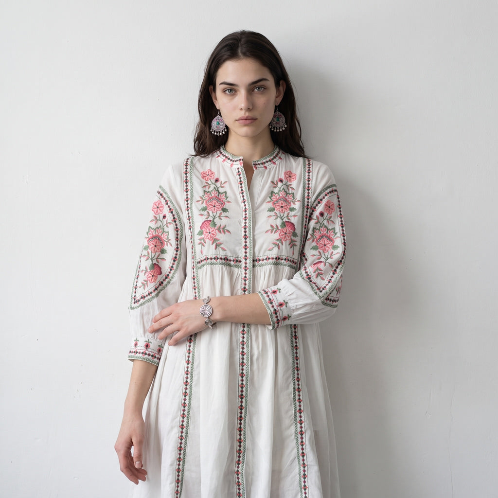 Shellora White Embroidered Dress