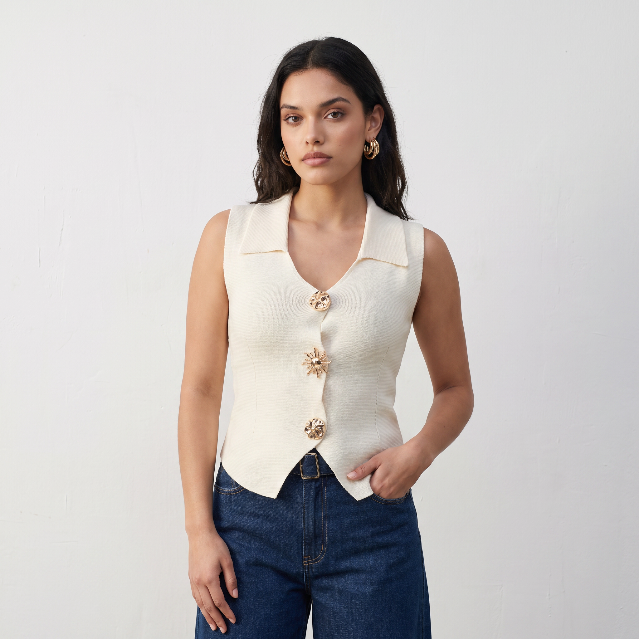 Sleeveless Collared Button Top