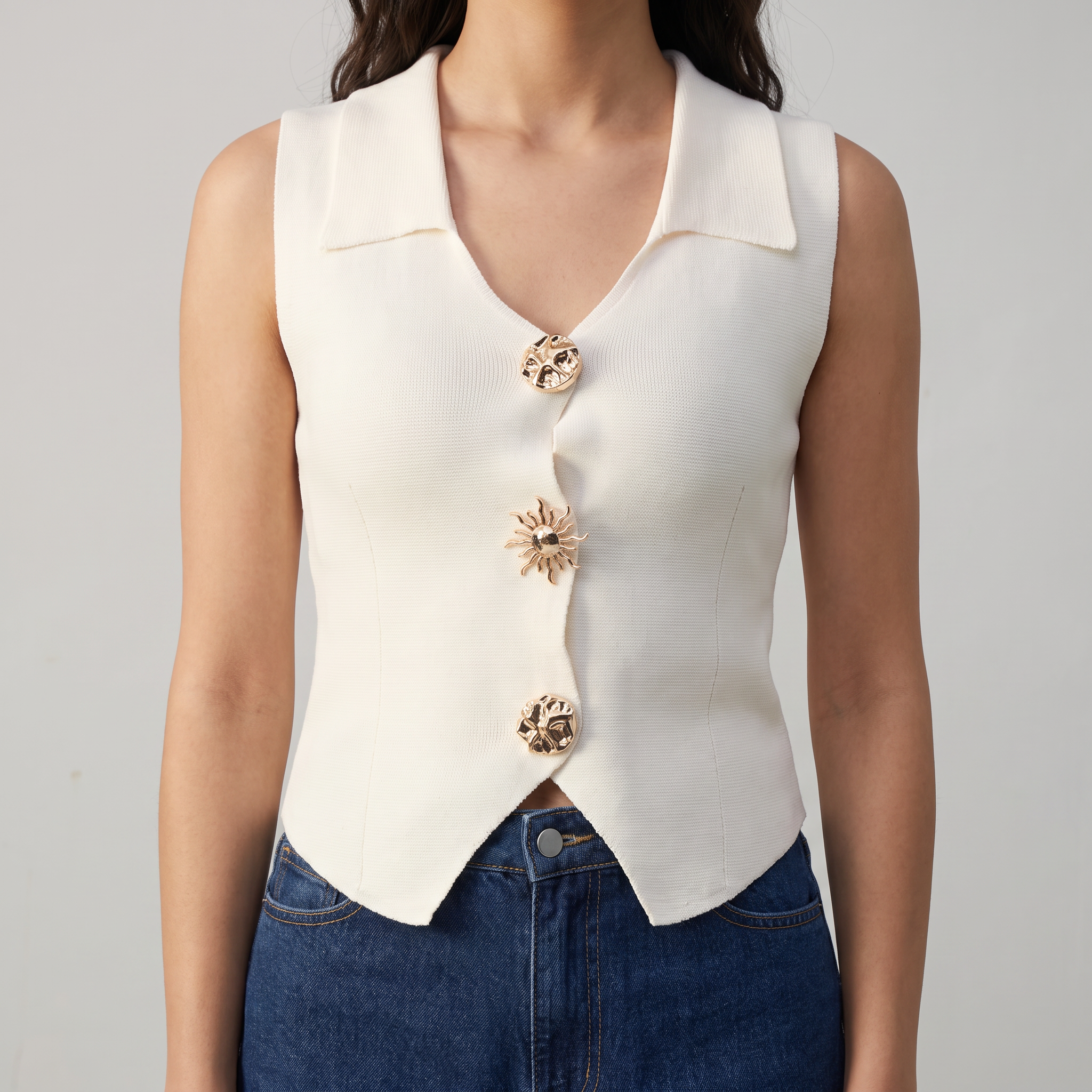 Sleeveless Collared Button Top