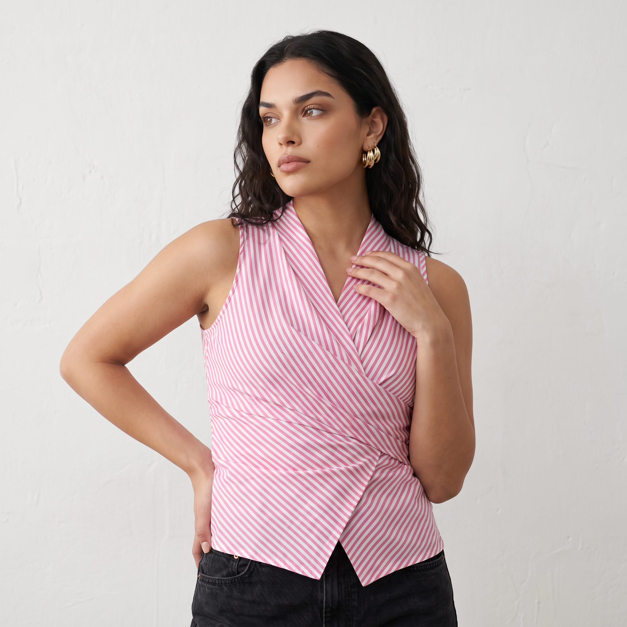 Sleeveless Striped Wrap Tie Top